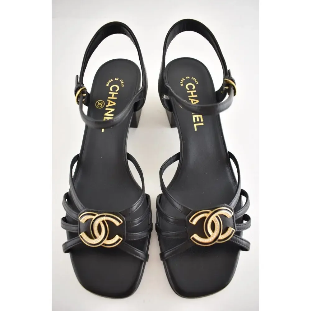 Chanel 25P Black Leather Crystal Gold CC Logo Ankle Strap Block Heel Sandal 37.5